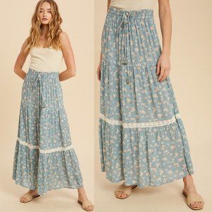 NEW Floral Tassel Drawstring Elastic High Waist Lace Trim Tiered Maxi Skirt Blue